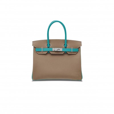 HERMES MASTER BIRKIN 30 EPSOM ELEPHANT GREY AND PEACOCK BLUE SILVER BUCKLE BAG H028369CK63 (30*23*15cm)